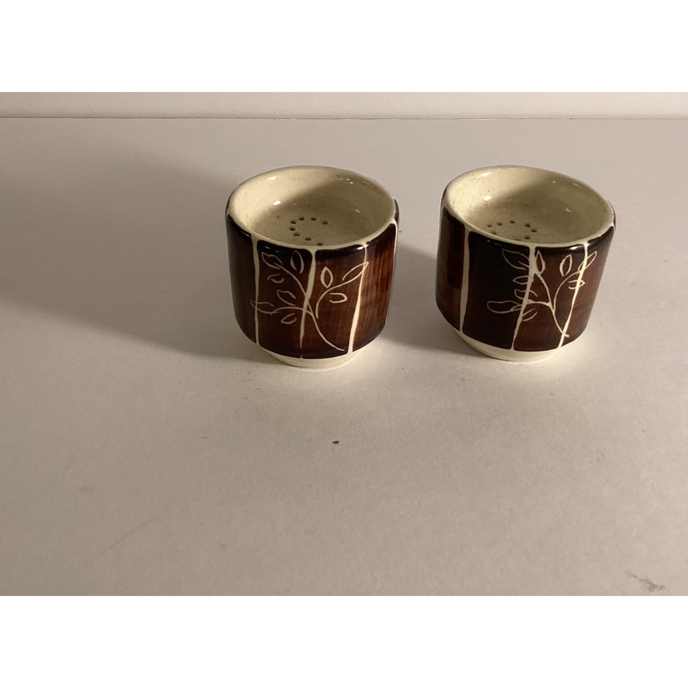 Puritan pottery stacking salt and pepper shakers, intaglio pattern, made in USA